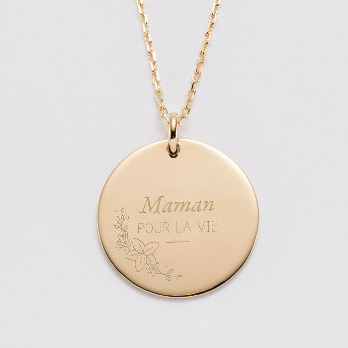 Pendentif personnalisé médaille gravée plaqué or 27 mm - Edition spéciale Mamie florale - lys