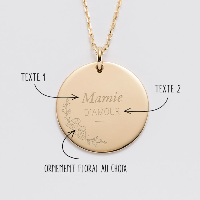 Pendentif personnalisé médaille gravée plaqué or 27 mm - Edition spéciale Mamie florale - instructions