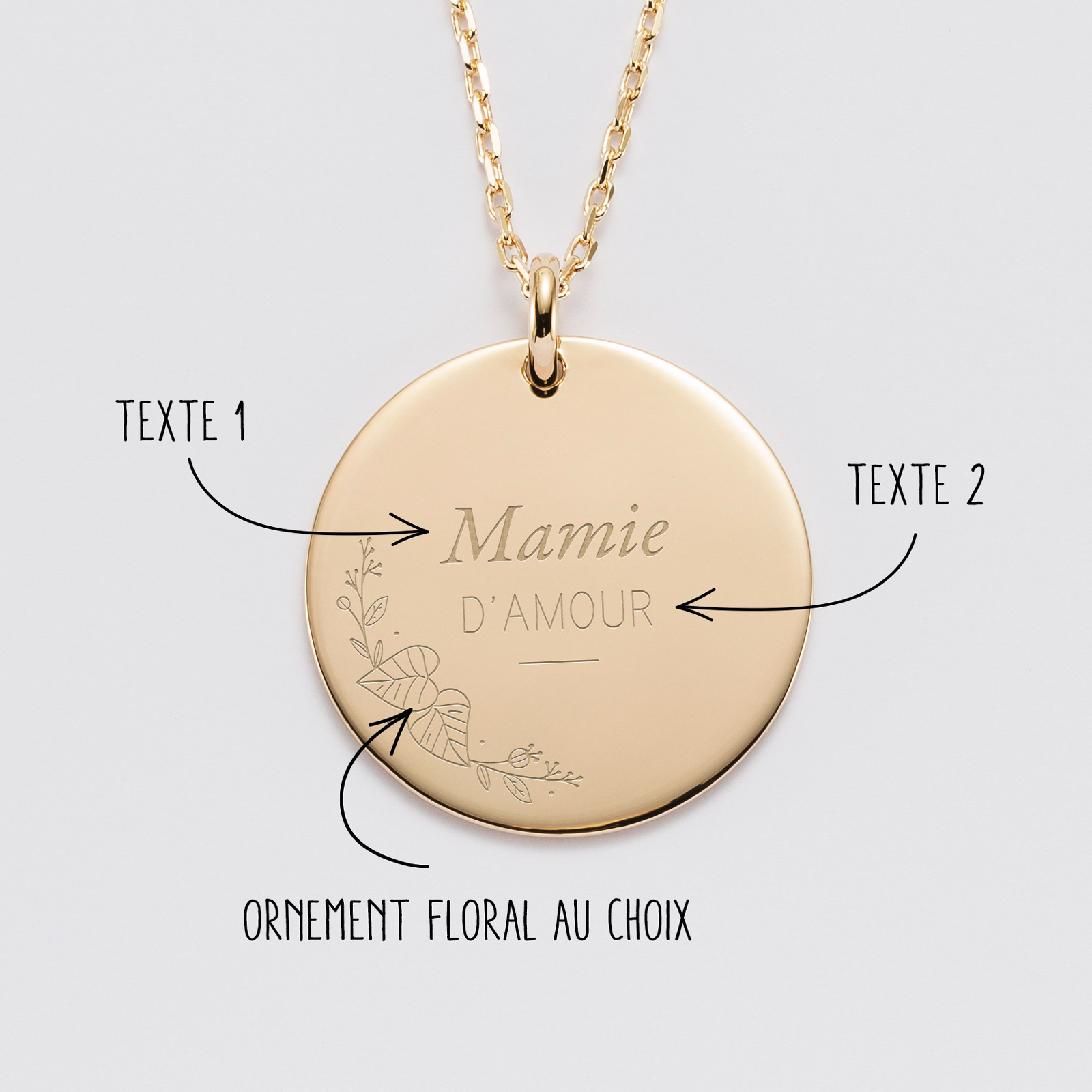 Pendentif Ornement floral personnalisé médaille plaqué or 27 mm