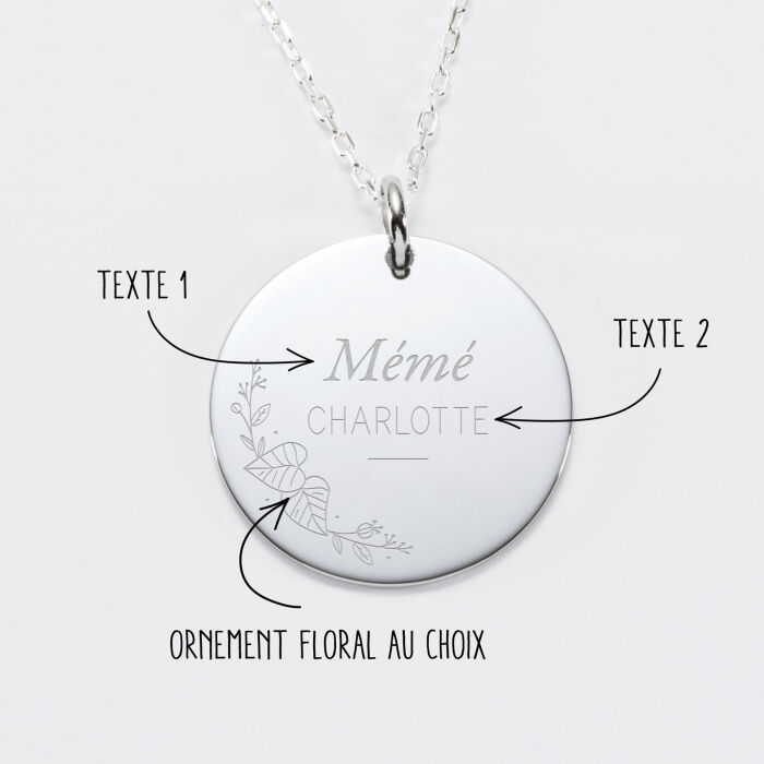 Pendentif personnalisé médaille gravée argent 27 mm - Edition spéciale Mamie florale - instructions