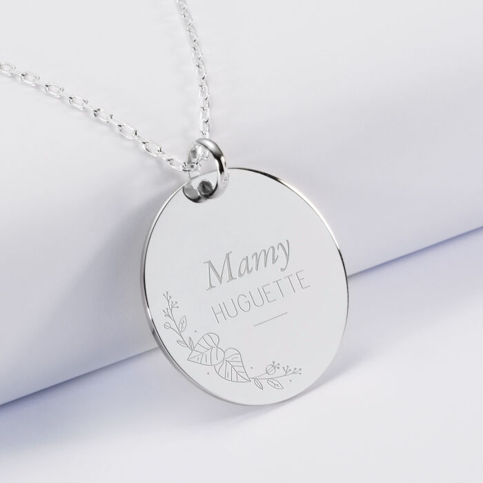 Pendentif personnalisé médaille gravée argent 27 mm - Edition spéciale Mamie florale - végétal