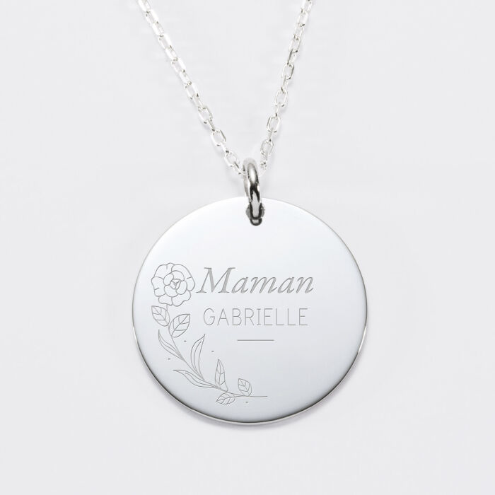 Pendentif personnalisé médaille gravée argent 27 mm - Edition spéciale Mamie florale - rose