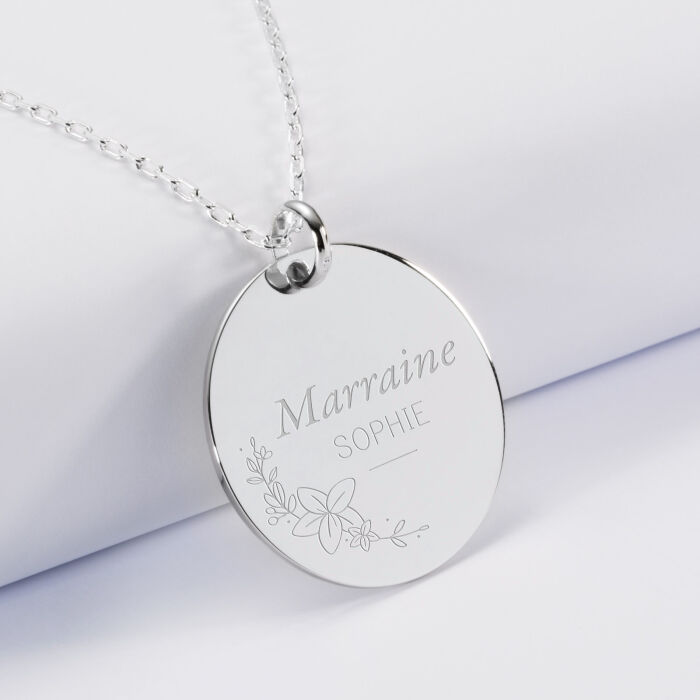 Pendentif personnalisé médaille gravée argent 27 mm - Edition spéciale Mamie florale - lys