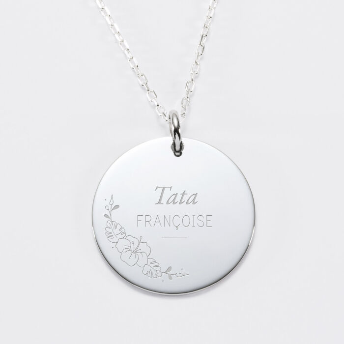 Pendentif personnalisé médaille gravée argent 27 mm - Edition spéciale Mamie florale - hibiscus
