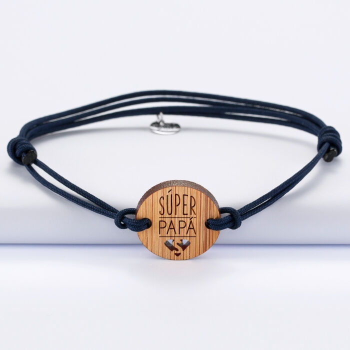 [ES] Bracelet Papa homme médaille gravée bois ronde 21 mm - Edition spéciale "Súper Papá" - noir