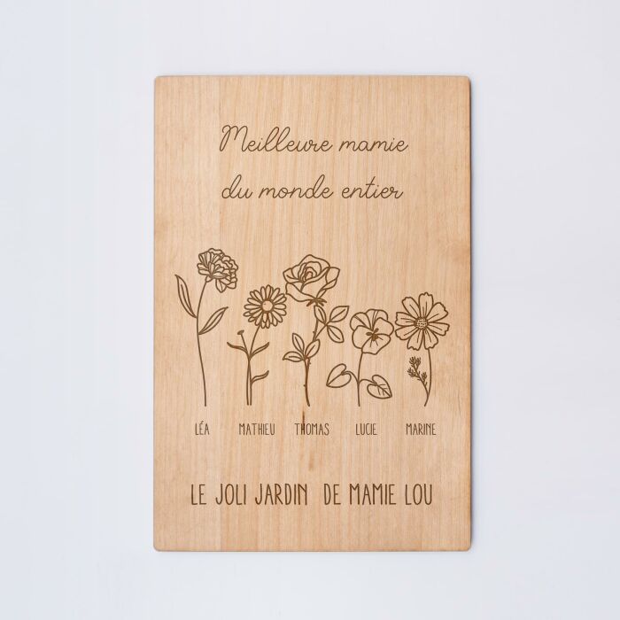 Cadre personnalisé bois gravé 15x10 cm avec support - édition spéciale "Joli jardin" - 5 prénoms