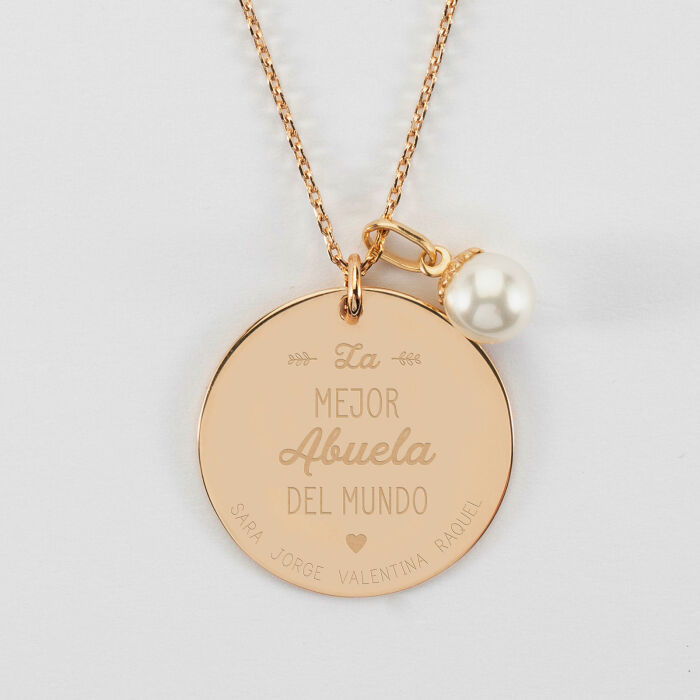 [ES] Pendentif personnalisé médaille gravée plaqué or 27 mm et breloque perle nacre 10 mm - "Mejor Abuela" - personnalisation 2