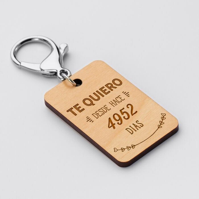[ES] Porte-clés personnalisé gravé bois médaille 50 mm "Te quiero desde"- rectangle de biais
