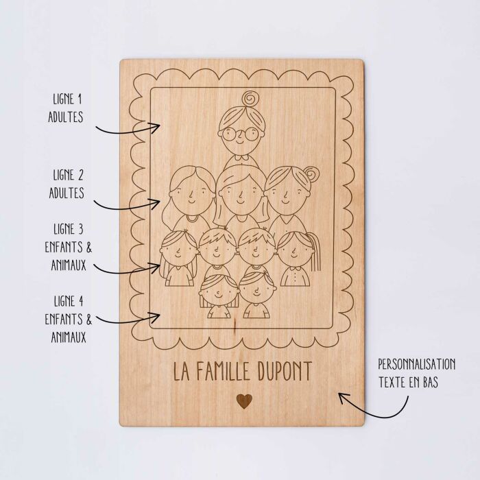 Cadre personnalisé bois gravé 15x10 cm avec support - édition spéciale "Famille" - détail produit