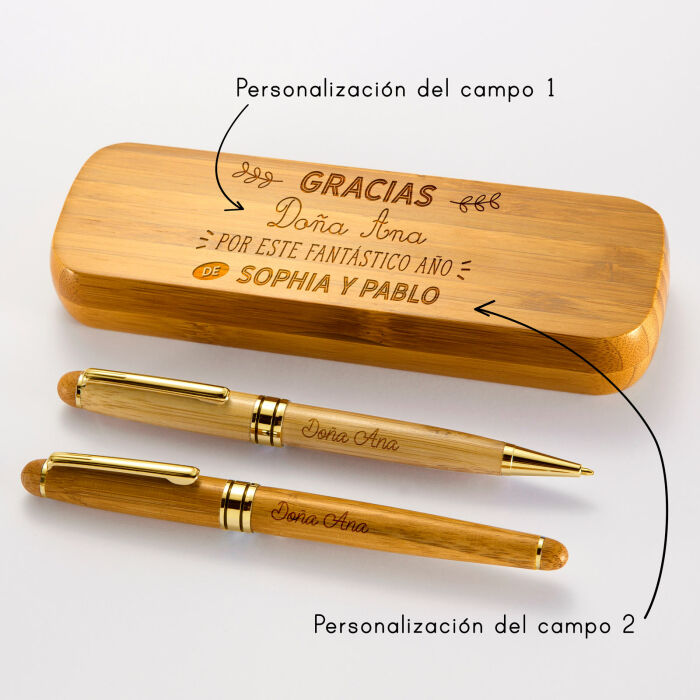 [ES] Coffret bambou personnalisé et 2 stylos gravés - Gracias Maestra - Ana