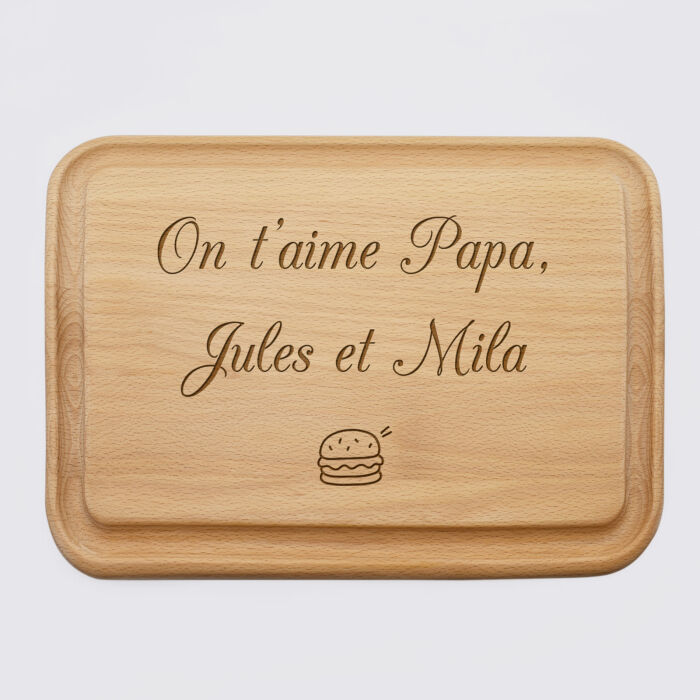 Planche à découper cuisine personnalisée bois gravé 35x25 cm - texte + pictogramme