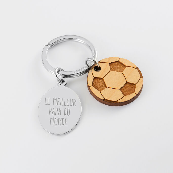 Porte clé personnalisé médaille gravée ovale acier et breloque bois foot - texte