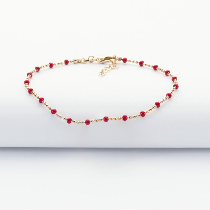 Bracelet perles colorées plaqué or - rouge - vue de face