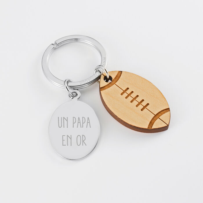 Porte clé personnalisé médaille gravée ovale acier et breloque bois rugby - texte