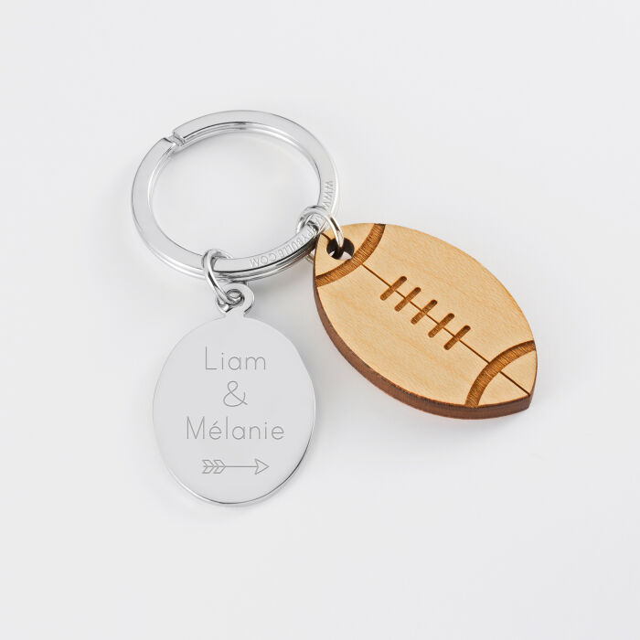 Porte clé personnalisé médaille gravée ovale acier et breloque bois rugby - prénoms