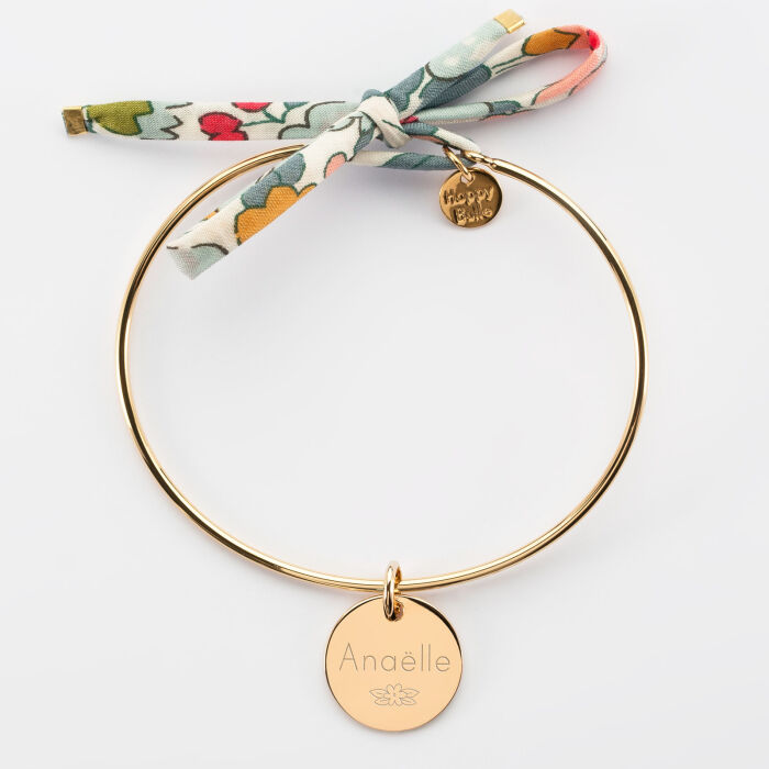 Bracelet personnalisé jonc plaqué or et cordon Liberty médaille gravée 15 mm - EVJF - Prénom et picto