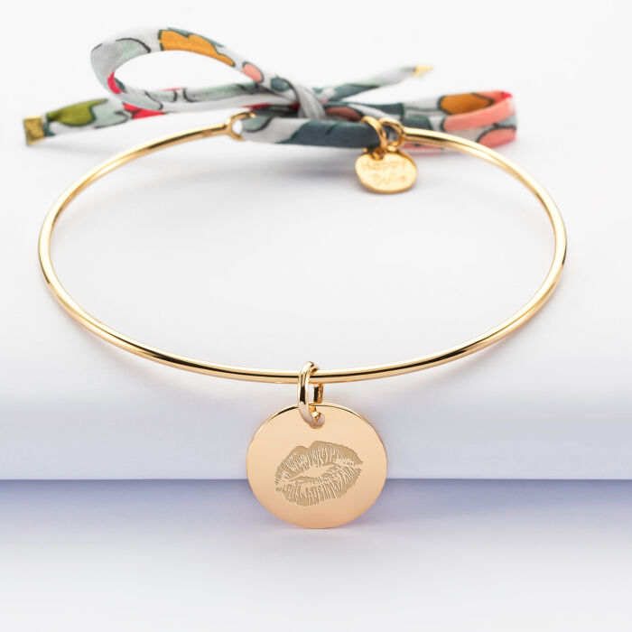 Bracelet personnalisé jonc plaqué or et cordon Liberty médaille gravée 15 mm - EVJF - Empreinte bisou