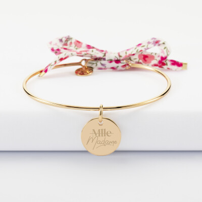 Bracelet personnalisé jonc plaqué or et cordon Liberty médaille gravée 15 mm - EVJF - Mlle Madame