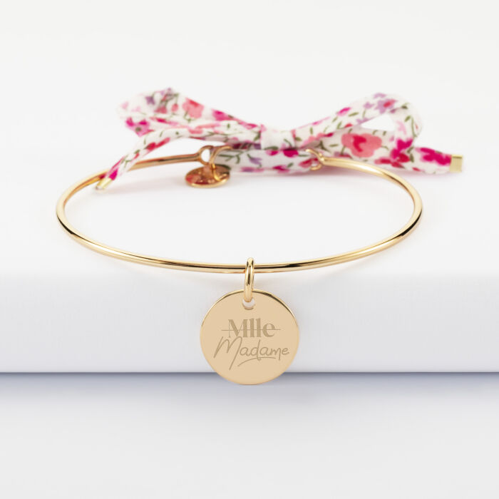 Bracelet personnalisé jonc plaqué or et cordon Liberty médaille gravée 15 mm - EVJF - Mlle Madame