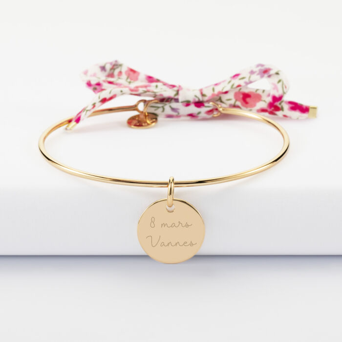 Bracelet personnalisé jonc plaqué or et cordon Liberty médaille gravée 15 mm - EVJF - Texte