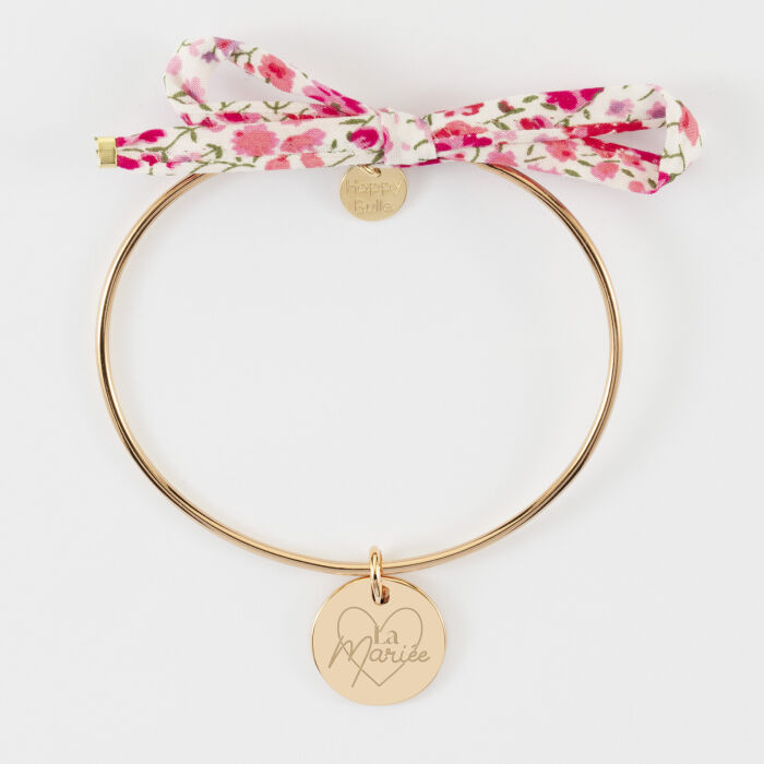 Bracelet personnalisé jonc plaqué or et cordon Liberty médaille gravée 15 mm - EVJF - La mariée