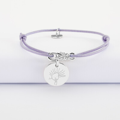 Bracelet enfant personnalisé cordon "Le lien" argent et médaille gravée 15 mm - HappyBulle x Lilylovesfashion - dessin