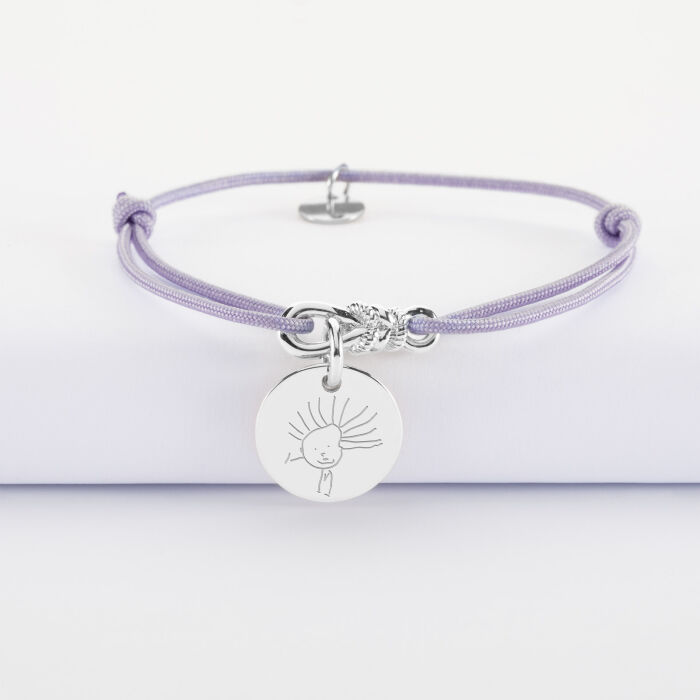 Bracelet enfant personnalisé cordon "Le lien" argent et médaille gravée 15 mm - HappyBulle x Lilylovesfashion - dessin