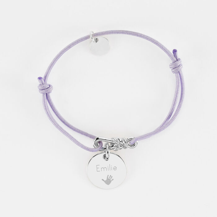 Bracelet enfant personnalisé cordon "Le lien" argent et médaille gravée 15 mm - HappyBulle x Lilylovesfashion - texte + picto