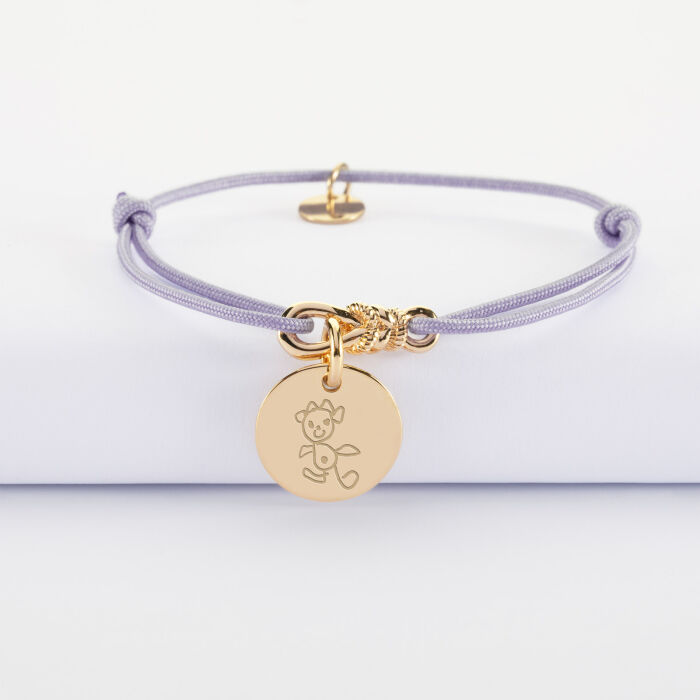 Bracelet enfant personnalisé cordon "Le lien" plaqué or et médaille gravée 15 mm - HappyBulle x Lilylovesfashion - dessin