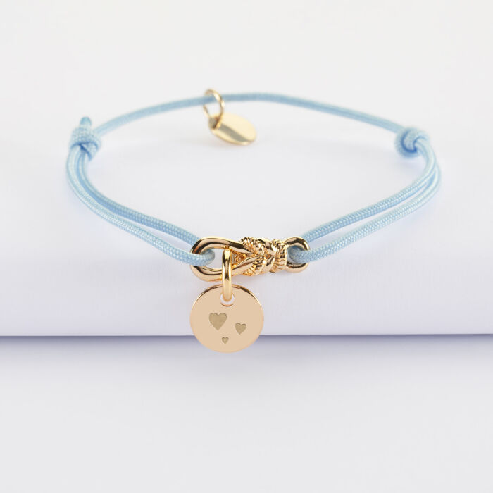 Bracelet enfant personnalisé cordon "Le lien" plaqué or et médaille gravée 10 mm - HappyBulle x Lilylovesfashion - picto coeurs