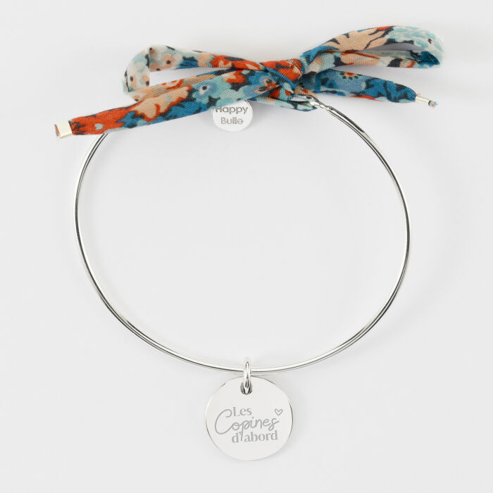 Bracelet personnalisé jonc argent et cordon Liberty médaille gravée 15 mm - EVJF - Les copines d'abord