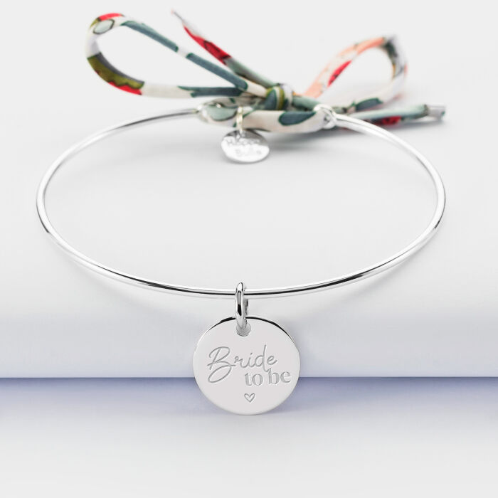 Bracelet personnalisé jonc argent et cordon Liberty médaille gravée 15 mm - EVJF - Bride to be