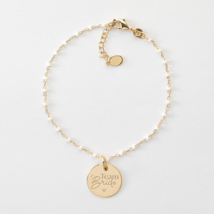 Bracelet perles Miyuki colorées personnalisé médaille gravée plaqué or 15 mm - EVJF - Team bride