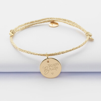 Bracelet personnalisé cordon pailleté médaille gravée plaqué or 15 mm - EVJF - Team bride