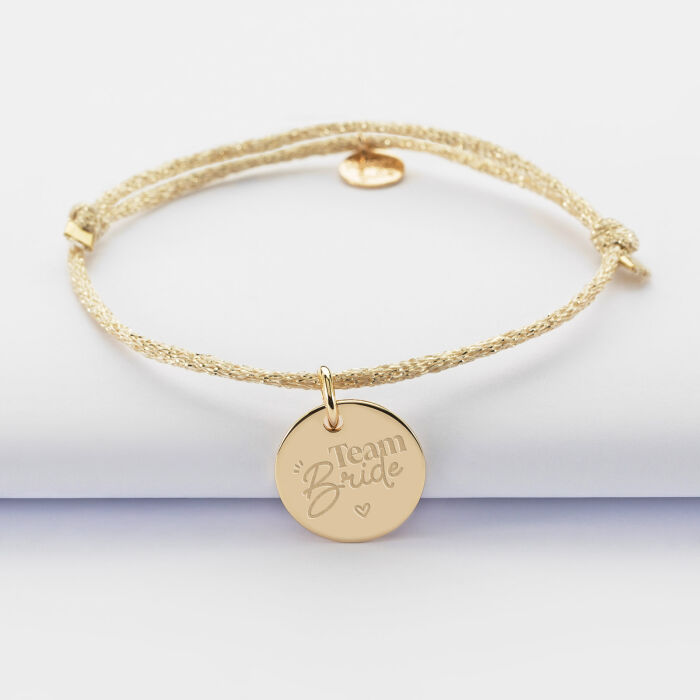 Bracelet personnalisé cordon pailleté médaille gravée plaqué or 15 mm - EVJF - Team bride