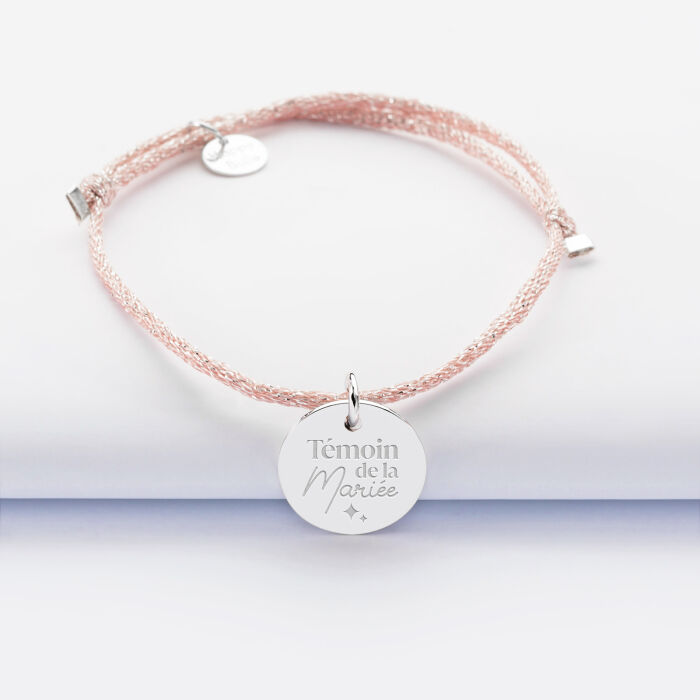 Bracelet personnalisé cordon pailleté médaille gravée argent 15 mm - EVJF - Témoin de la mariée