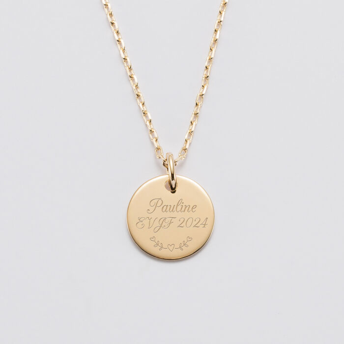 Pendentif personnalisé médaille gravée plaqué or 15 mm - EVJF - Texte et picto