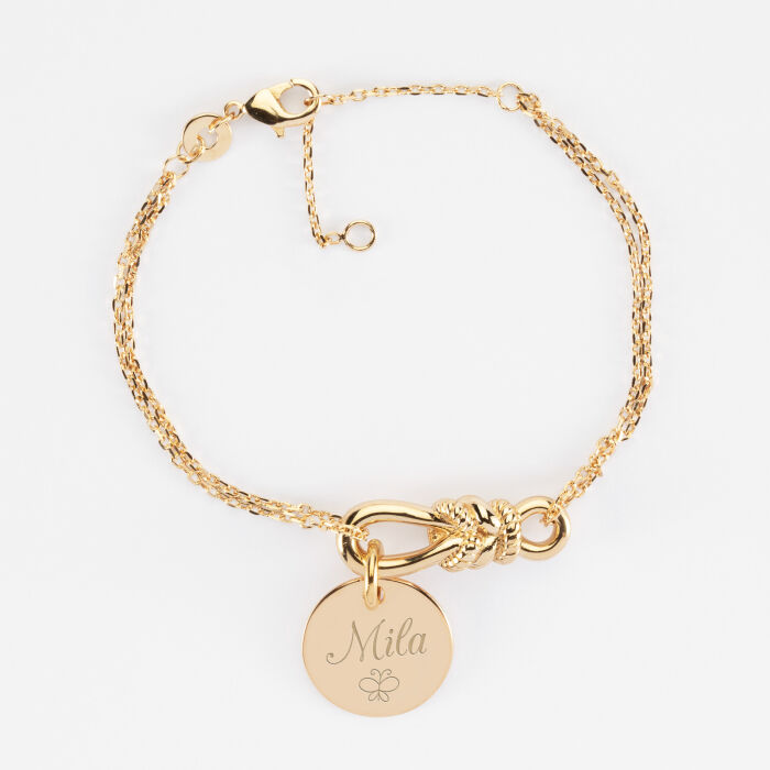 Bracelet chaîne personnalisé "Le lien" plaqué or et médaille gravée 15 mm - HappyBulle x Lilylovesfashion - texte + picto