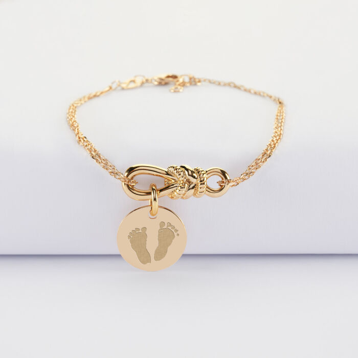 Bracelet chaîne personnalisé "Le lien" plaqué or et médaille gravée 15 mm - HappyBulle x Lilylovesfashion - empreintes