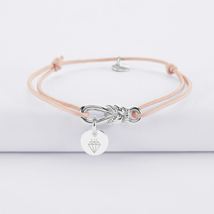Bracelet cordon personnalisé "Le lien" argent et médaille gravée 10 mm - HappyBulle x Lilylovesfashion - picto diamant