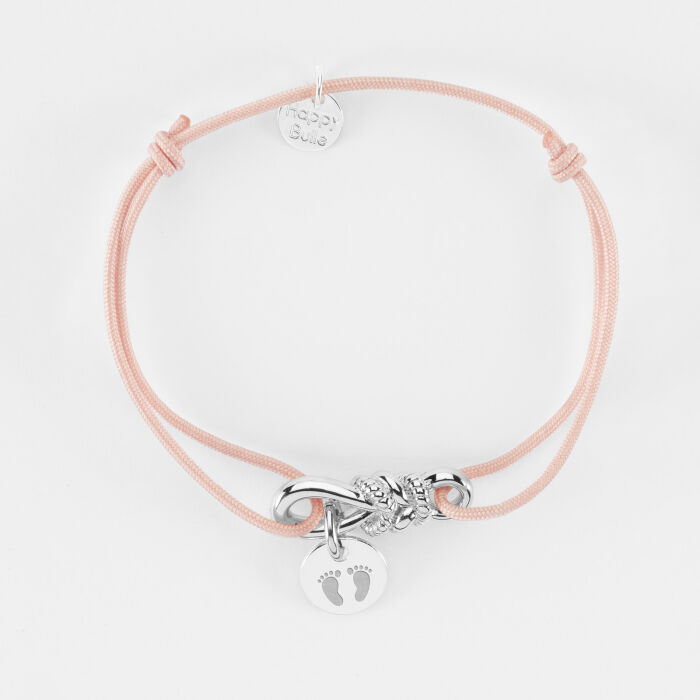 Bracelet cordon personnalisé "Le lien" argent et médaille gravée 10 mm - HappyBulle x Lilylovesfashion - picto empreintes pieds
