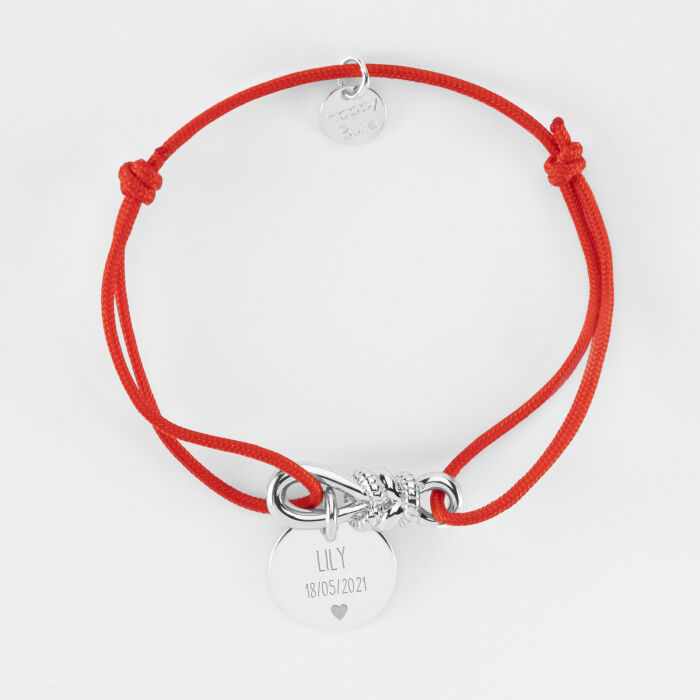 Bracelet cordon personnalisé "Le lien" argent et médaille gravée 15 mm - HappyBulle x Lilylovesfashion - texte picto