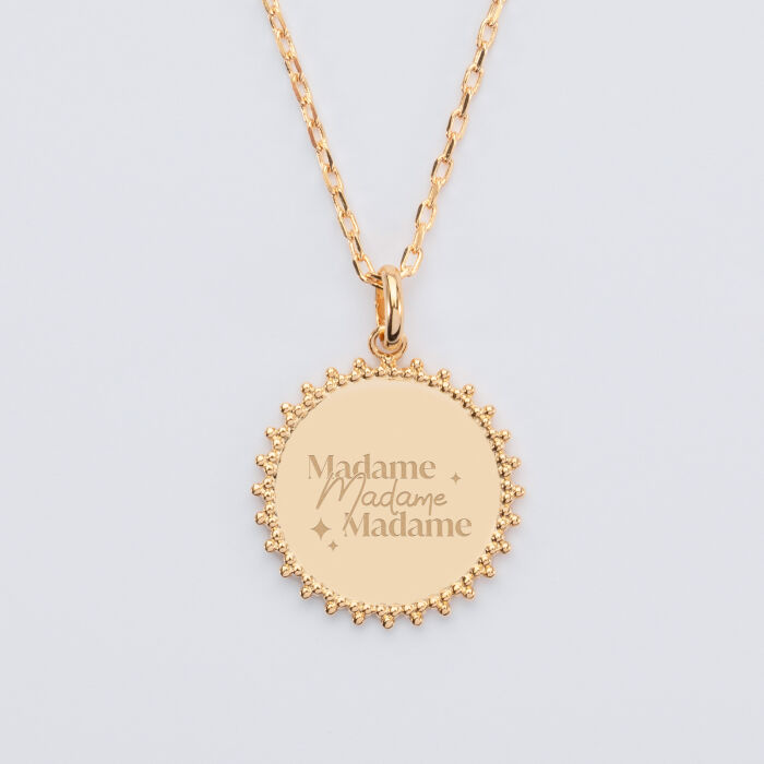 Pendentif personnalisé médaille soleil gravée plaqué or 20 mm - EVJF - Madame madame madame