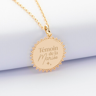 Pendentif personnalisé médaille soleil gravée plaqué or 20 mm - EVJF - Témoin de la mariée