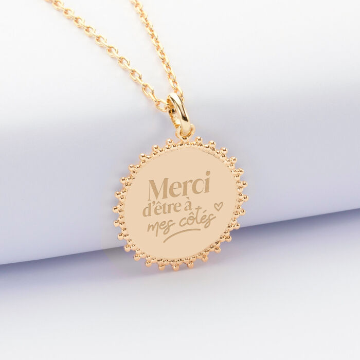 Pendentif personnalisé médaille soleil gravée plaqué or 20 mm - EVJF - Merci d'être à mes côtés