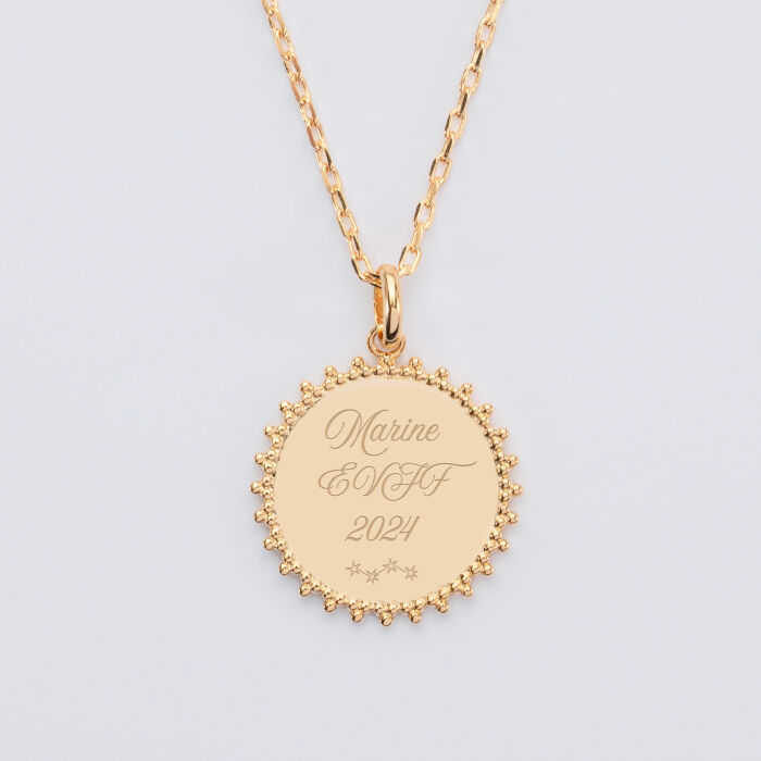 Pendentif personnalisé médaille soleil gravée plaqué or 20 mm - EVJF - Texte et date