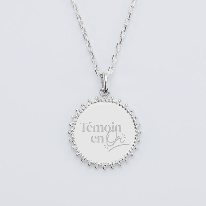 Pendentif EVJF personnalisé médaille soleil gravée argent 20 mm - Témoin en or