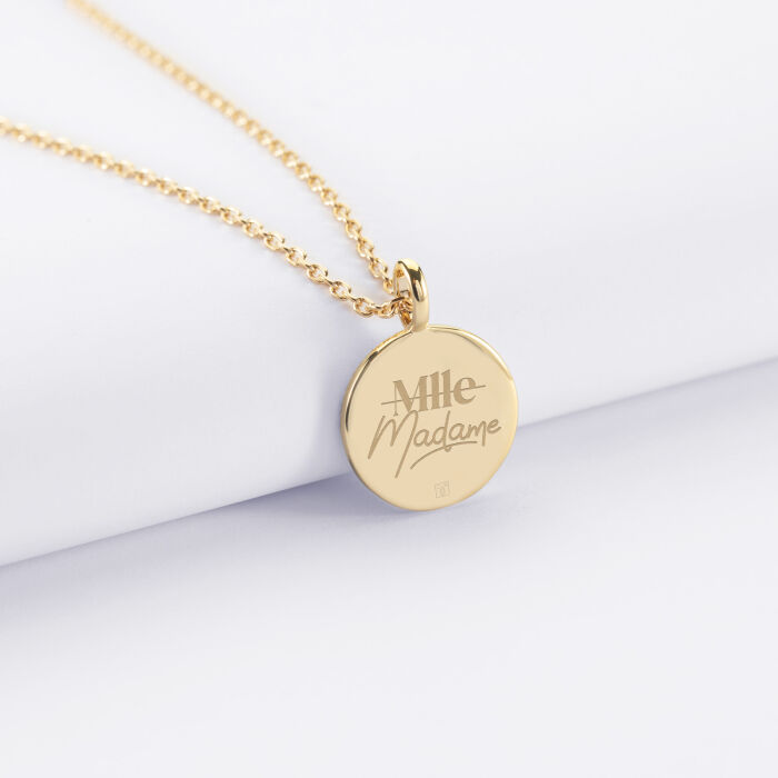 Pendentif EVJF personnalisé médaille gravée plaqué or email blanc soleil 14 mm - Mlle Madame
