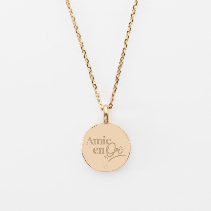 Pendentif EVJF personnalisé médaille gravée plaqué or email blanc soleil 14 mm - Amie en or