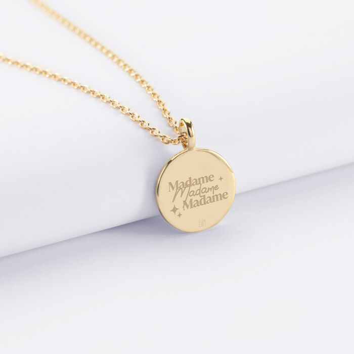 Pendentif EVJF personnalisé médaille gravée plaqué or email noir soleil 14 mm - Madame madame madame